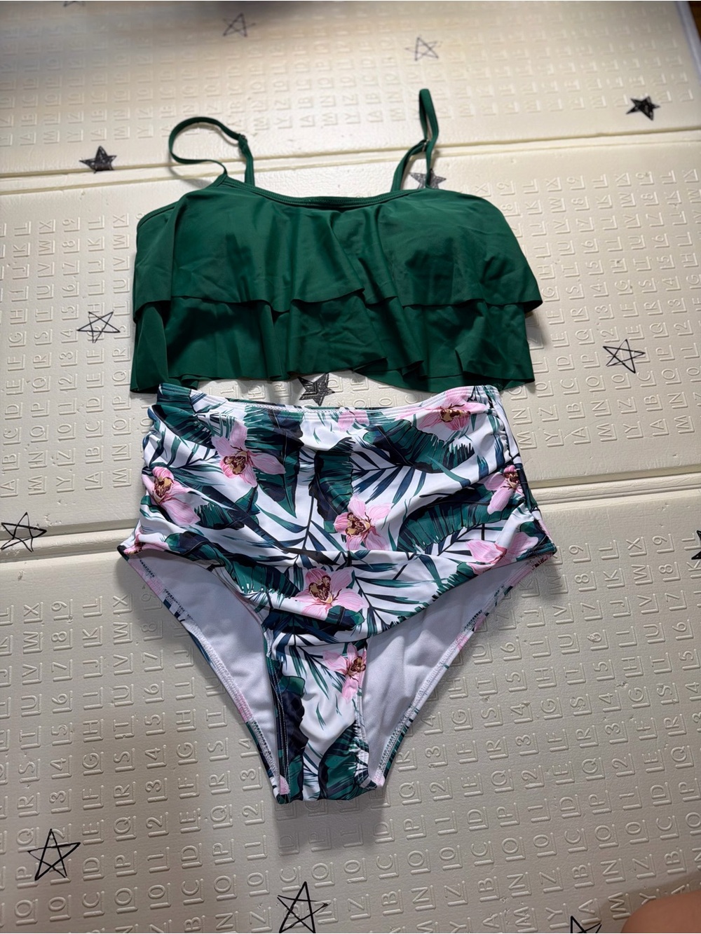 Girls Green Ruffle Bikini Top with Tropical High-Waist Bottom
